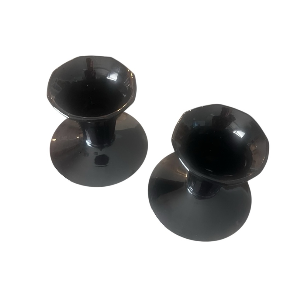 PAIR Art Deco Black Amethyst Tulip Candle Holders For Tapers